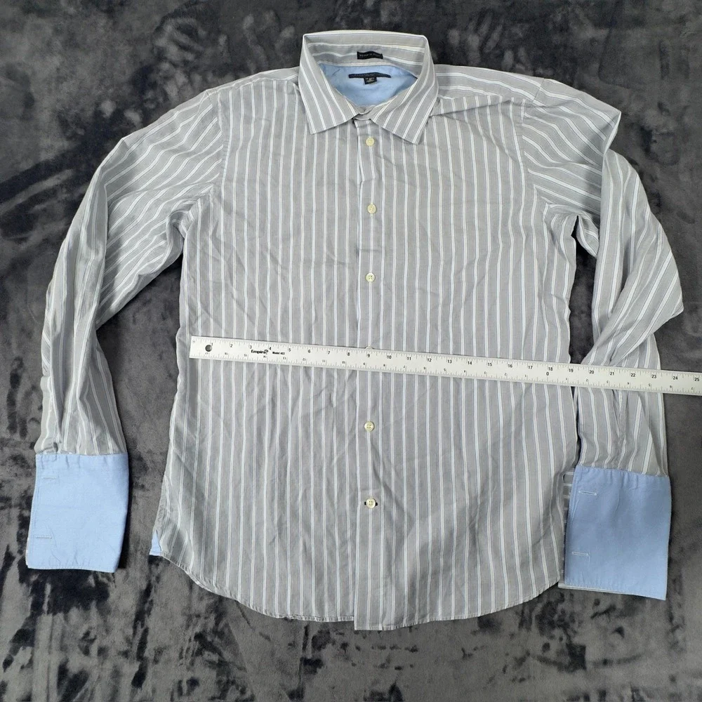 Banana Republic Dress Shirt Mens M 15-15.5 Grey Blue Striped French Cuff‎ Fitted